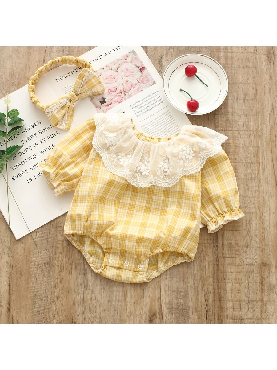 Checked pattern bodysuit with lace girls yellow