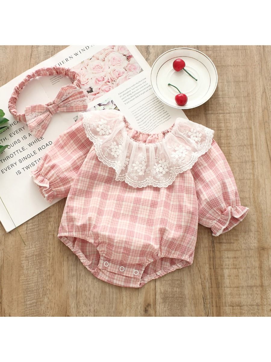 Checked pattern bodysuit with lace girls pink
