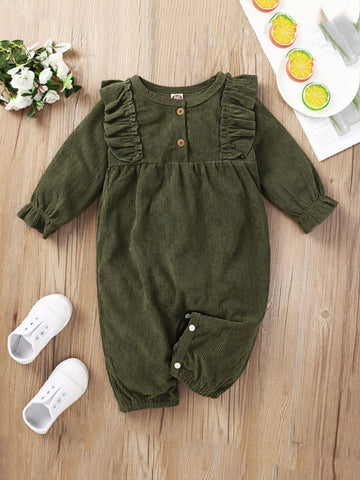 Long sleeve retro corduroy dark green khaki jumpsuit girls