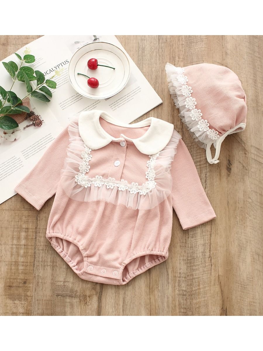 Ribbed pink bodysuit set with collar and lace and hat