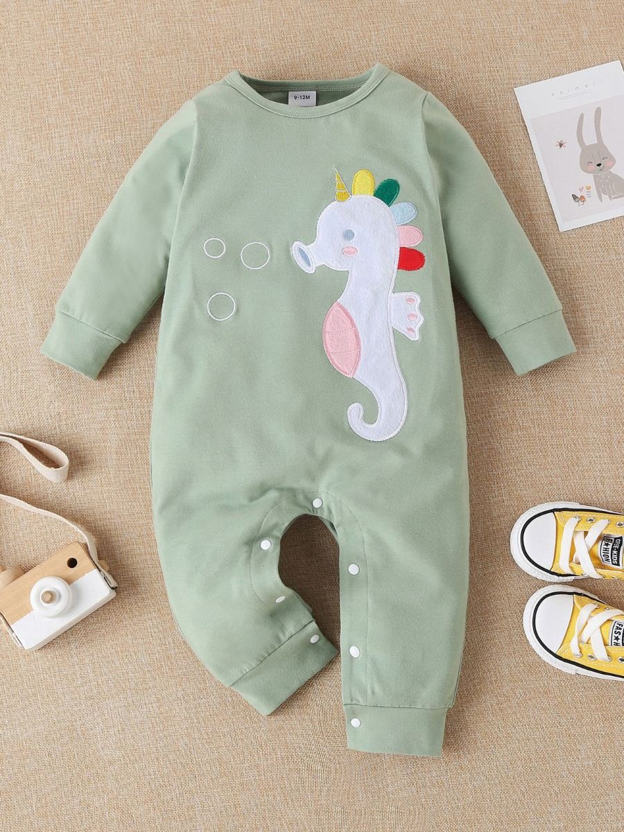 Green long sleeve jumpsuit seahorse boys girls