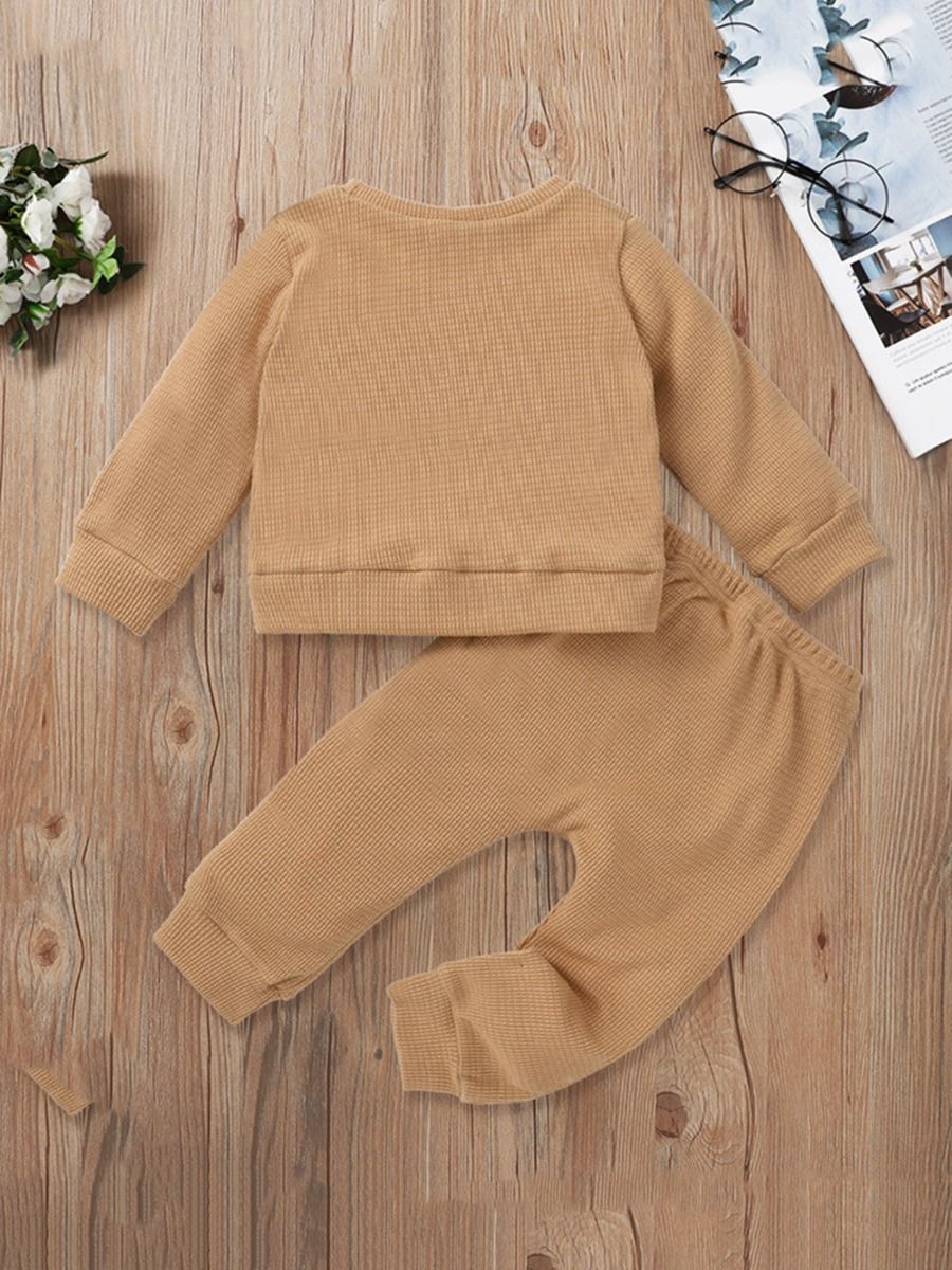 Long sleeve 2-piece plain waffle pattern set girls